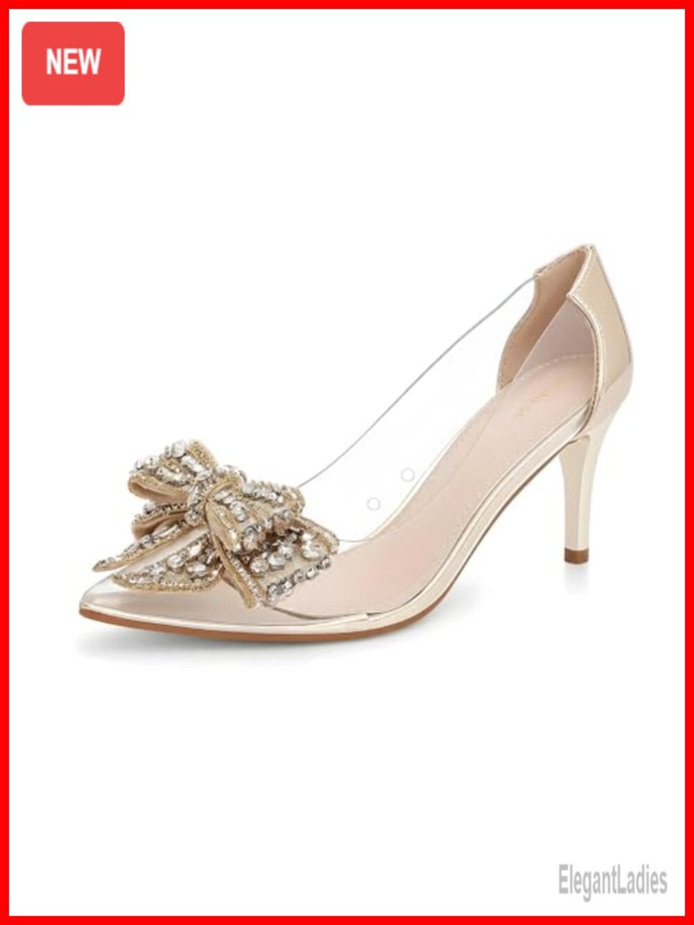 Crystal Bow Pointed Toe Clear Heels, 2.5-inch Kitten Heel, Cushioned Comfort,